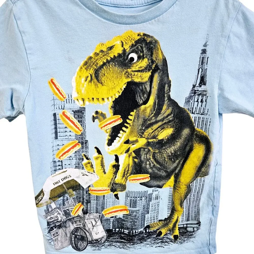Childrens Place Boys Size XS Short Sleeve T-Rex Destruction Tee Shirt Blue City